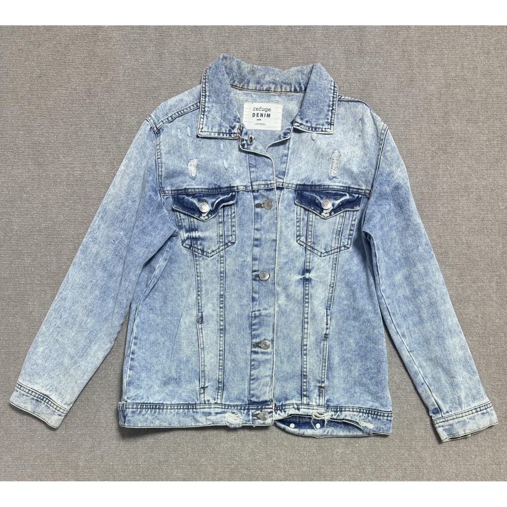 Refuge Denim Jacket Womens Medium Blue Distressed Jean Coat Button‎ Front Casual